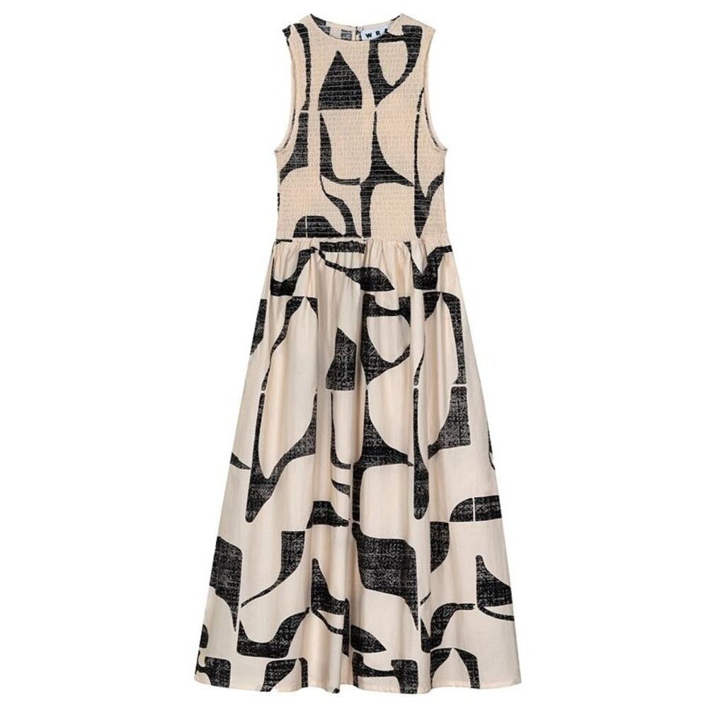 WRAY Flor Dress 2XL Cream Black Abstract Graphic Print Smocked Drop Waist Midi